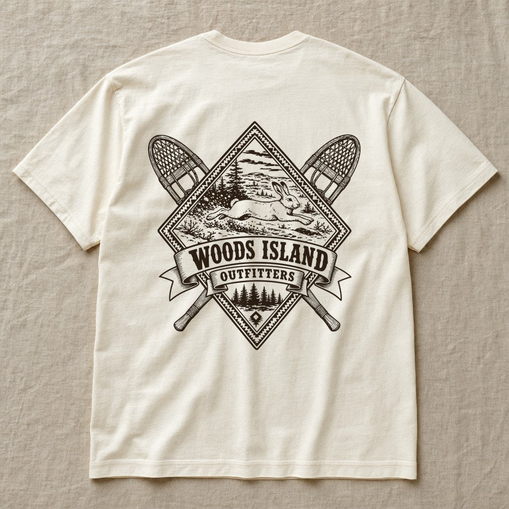 Snowshoe Hare crest on the back of an ivory Woods Island Outfitters tee