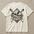 Canada Goose crest on the back of an ivory Woods Island Outfitters tee