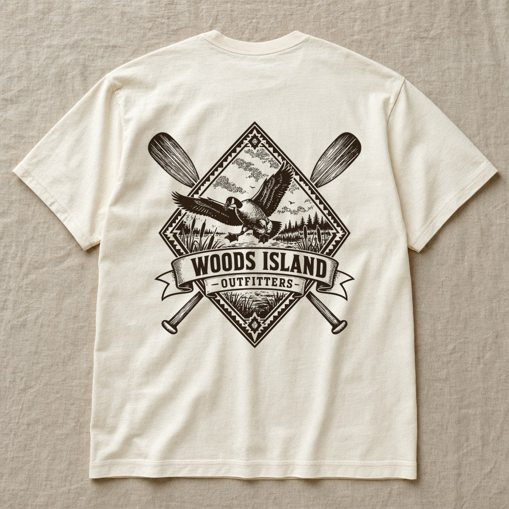 Canada Goose crest on the back of an ivory Woods Island Outfitters tee