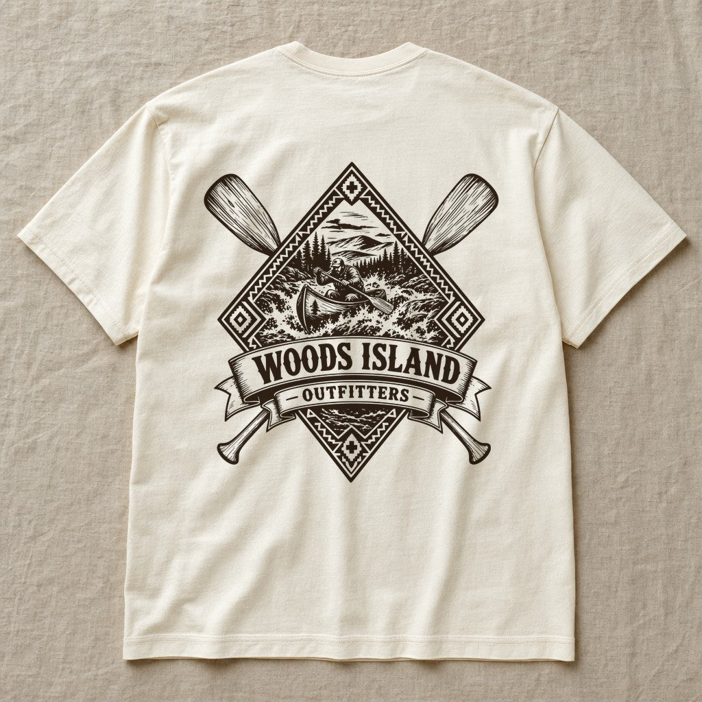 Canoe crest on the back of an ivory Woods Island Outfitters tee