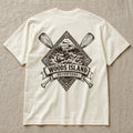 Canoe crest on the back of an ivory Woods Island Outfitters tee