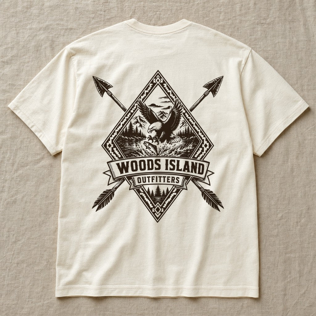 Bald Eagle crest on the back of an ivory Woods Island Outfitters tee
