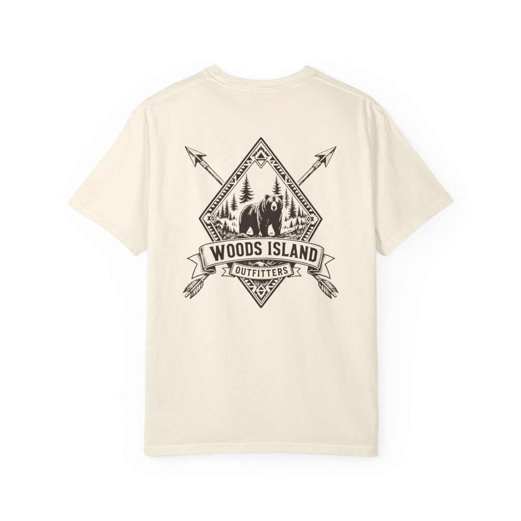 Bear crest on the back of a Woods Island Outfitters tee