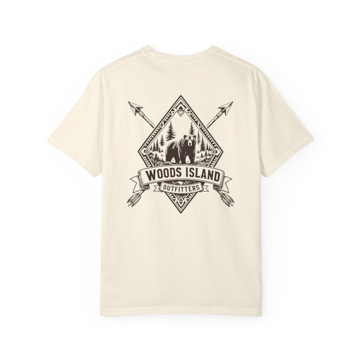 Bear crest on the back of a Woods Island Outfitters tee