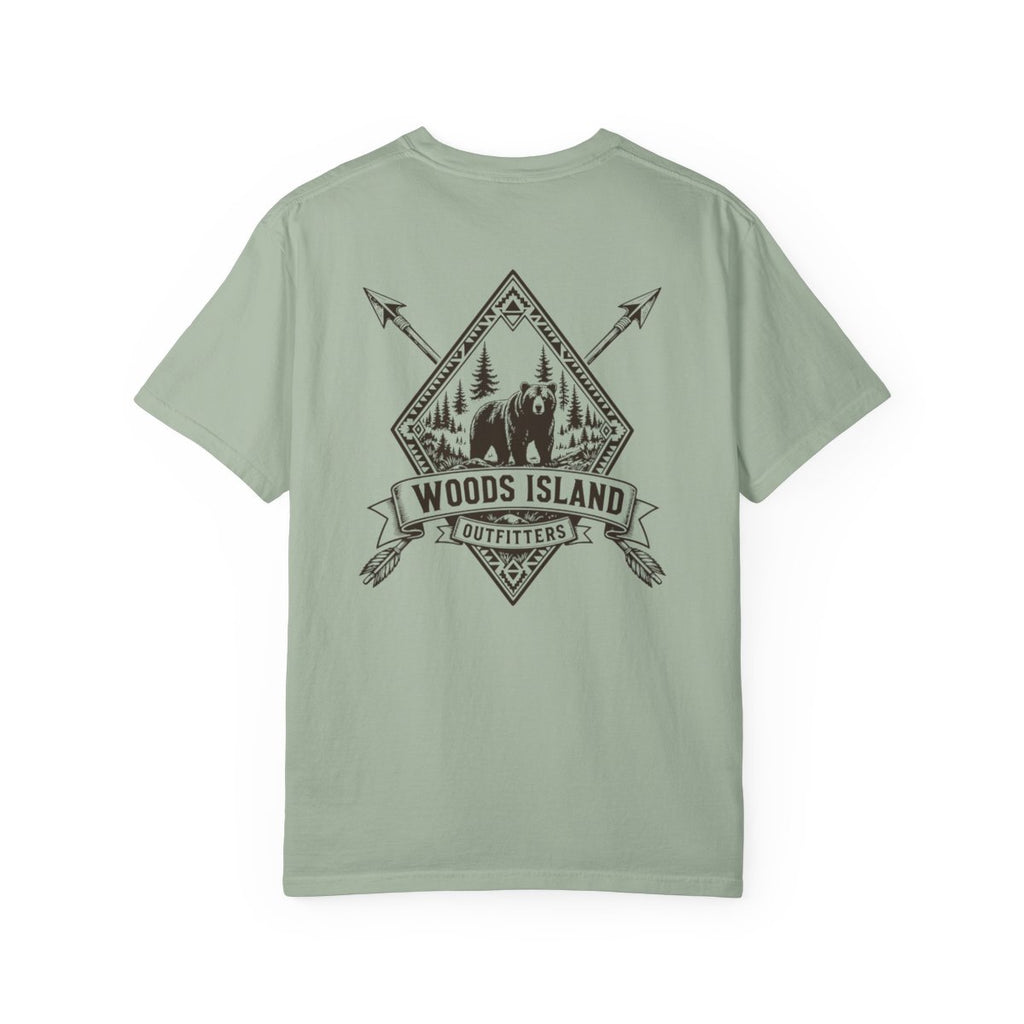 Bear crest on the back of a Bay Woods Island Outfitters tee