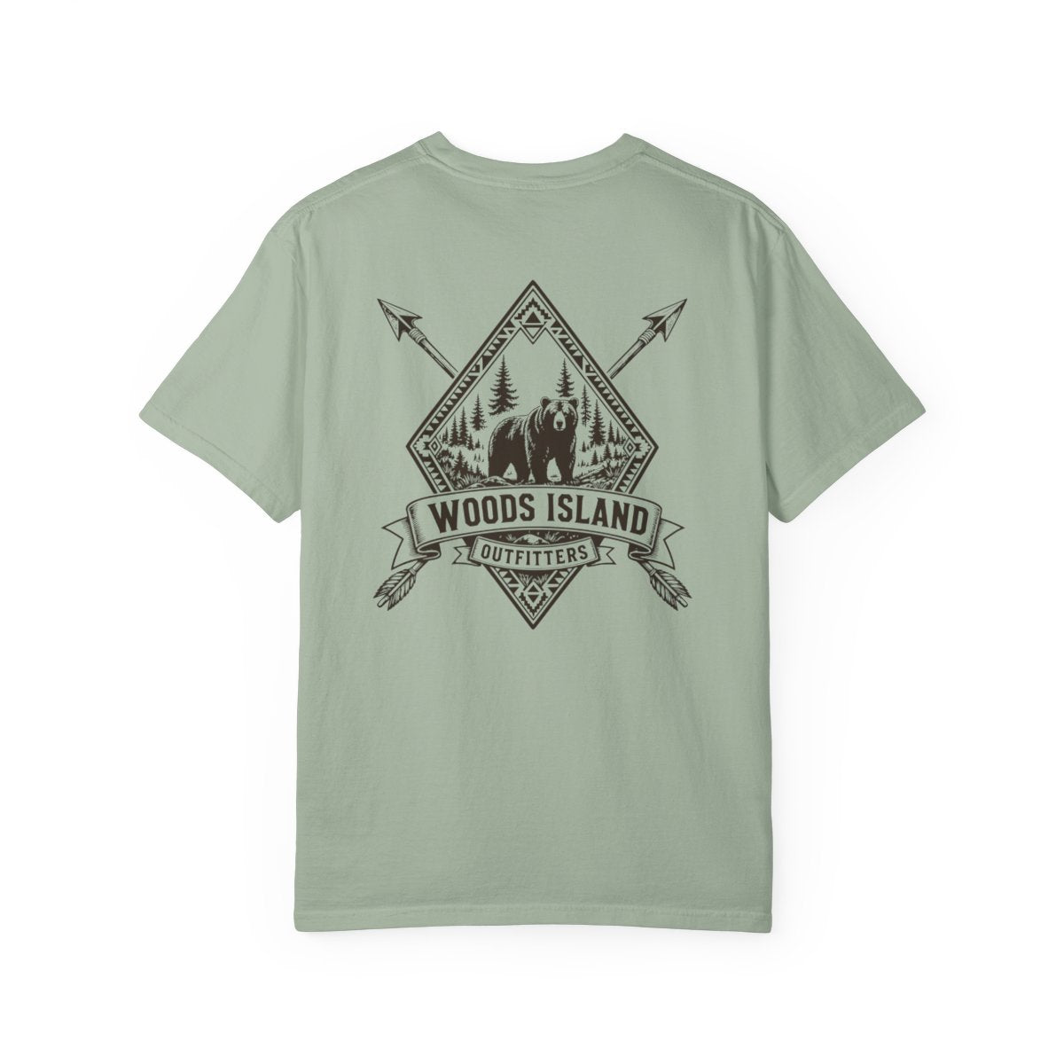 Bear crest on the back of a Bay Woods Island Outfitters tee