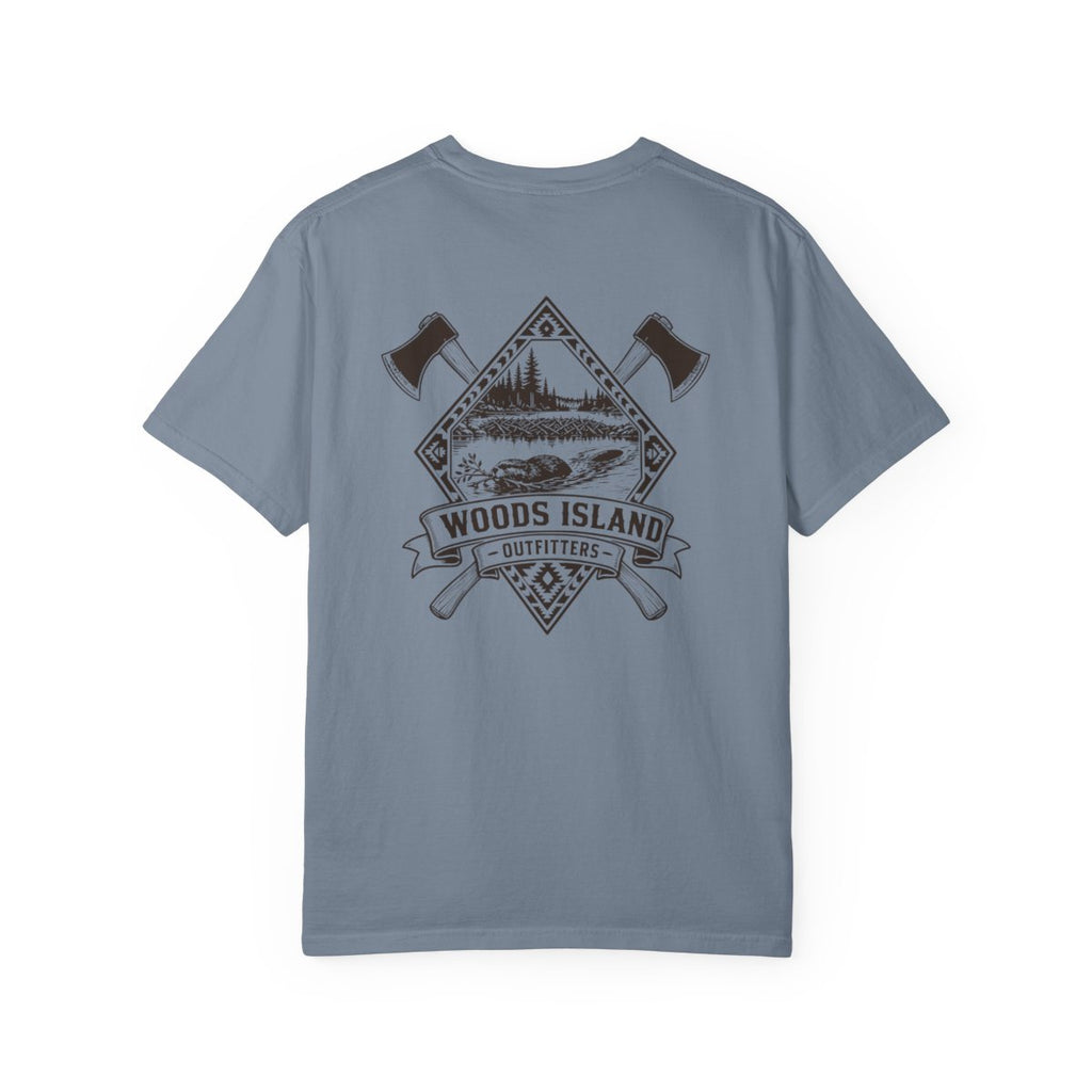 Beaver crest on the back of a Blue Jean Woods Island Outfitters tee