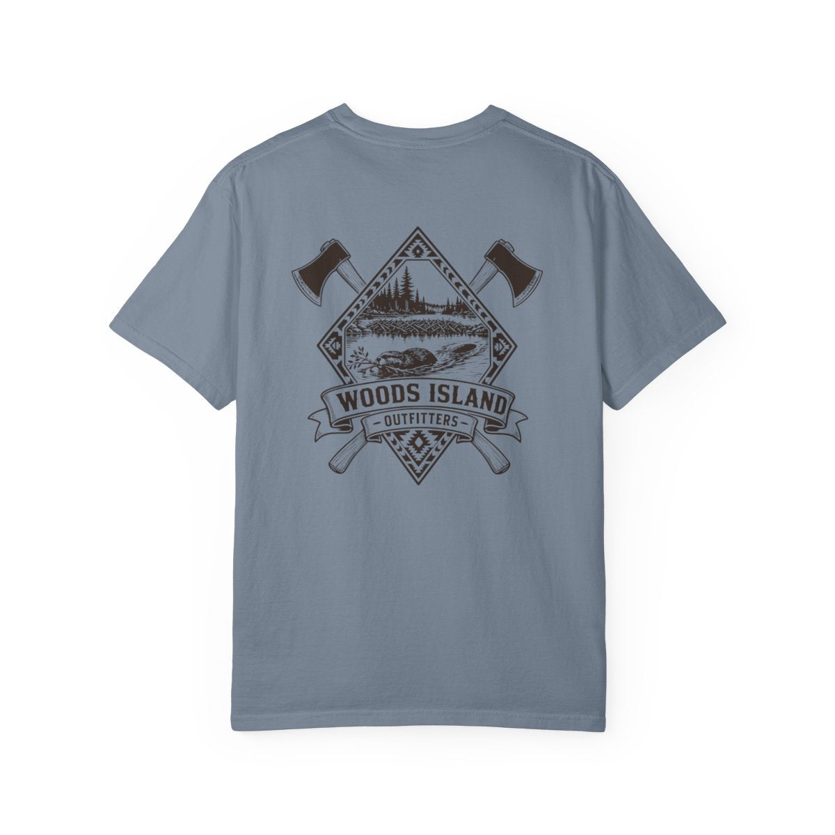 Beaver crest on the back of a Blue Jean Woods Island Outfitters tee