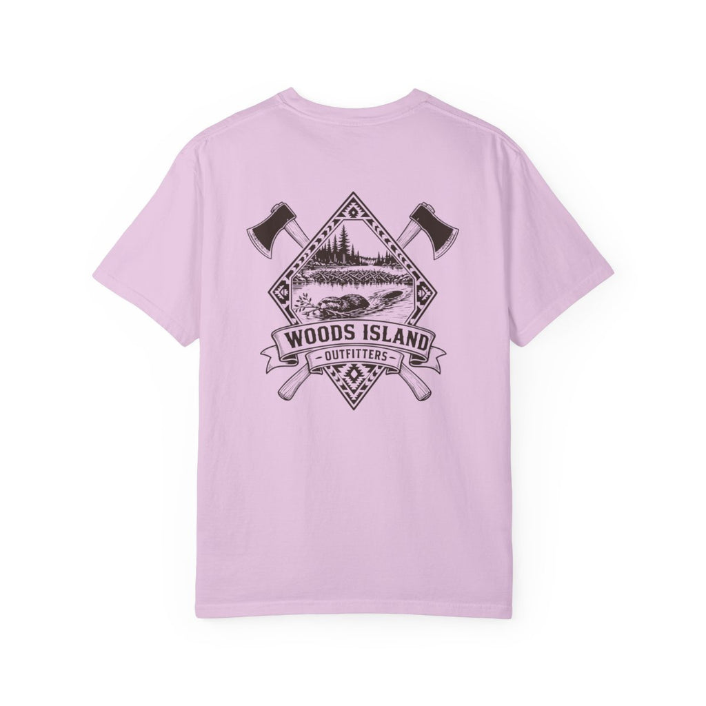 Beaver crest on the back of a Orchid Woods Island Outfitters tee