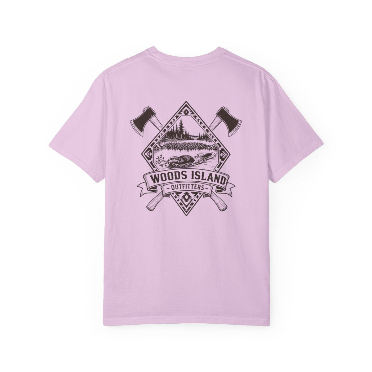 Beaver crest on the back of a Orchid Woods Island Outfitters tee