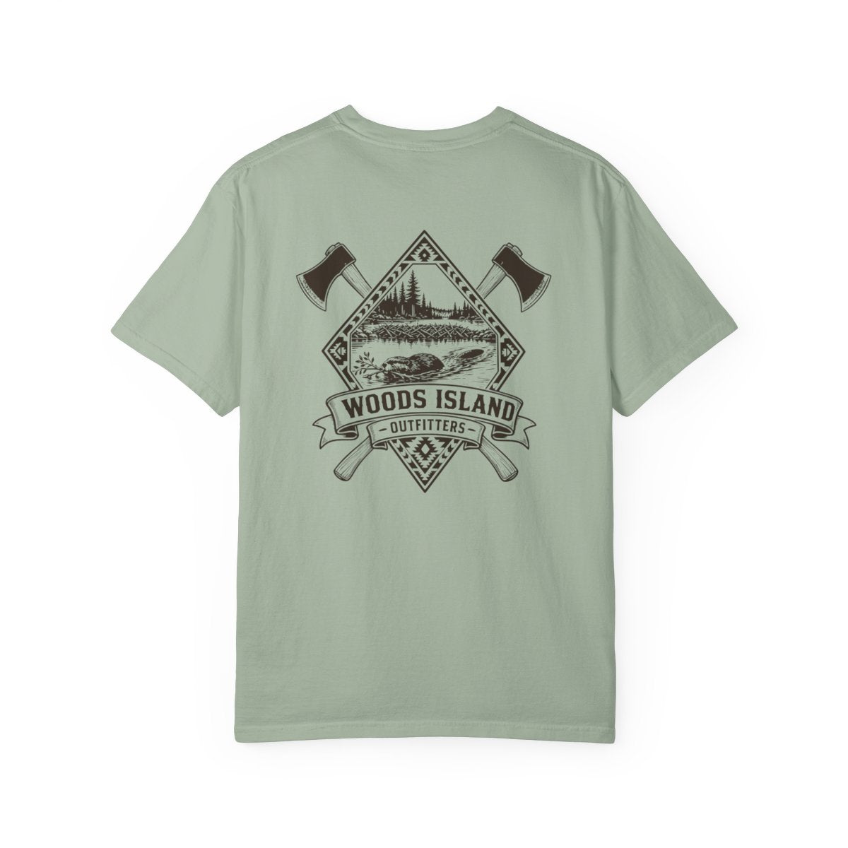 Beaver crest on the back of a Bay Woods Island Outfitters tee