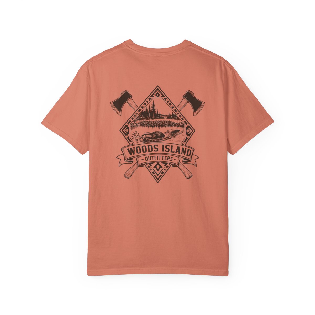 Beaver crest on the back of a Terracotta Woods Island Outfitters tee
