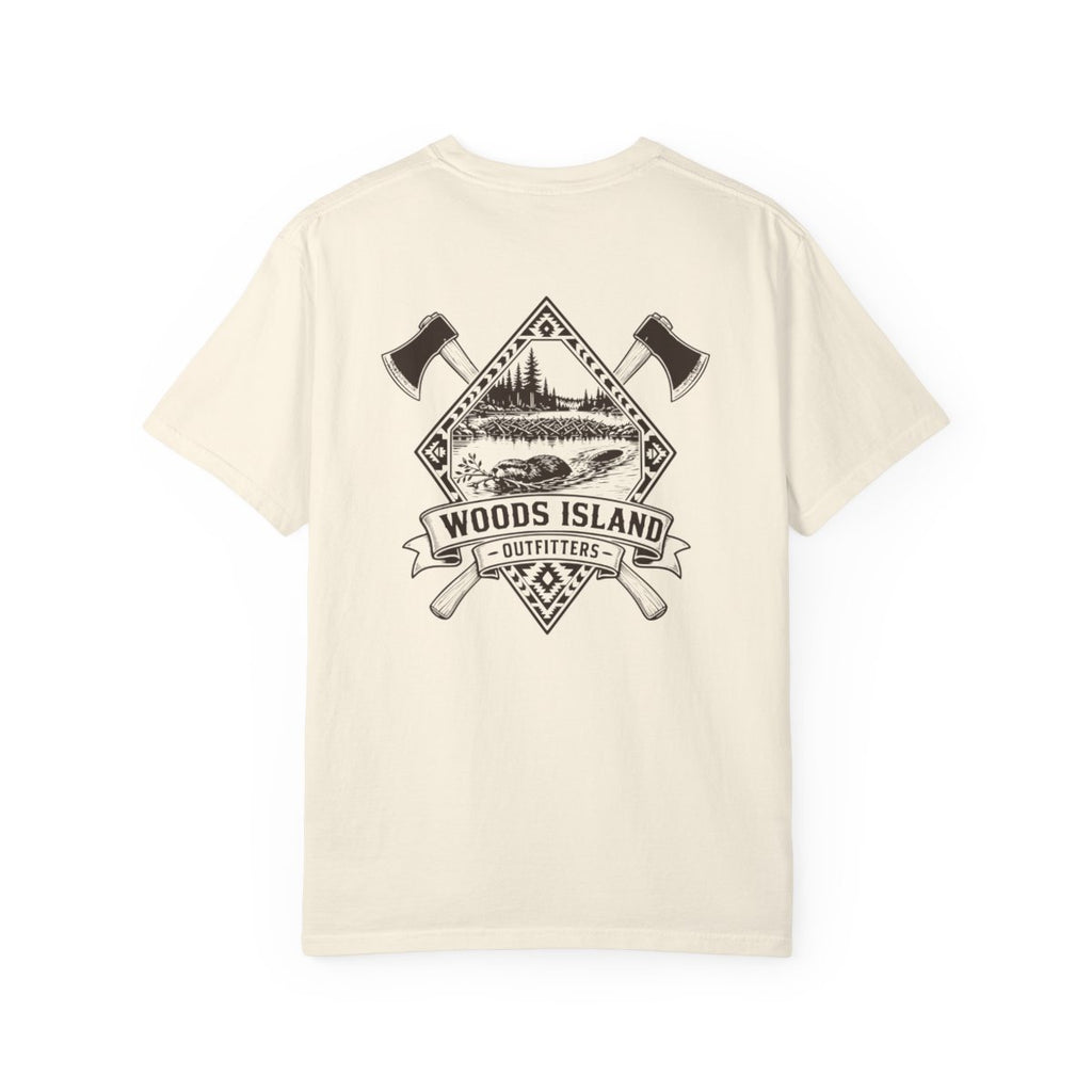 Beaver crest on the back of a Woods Island Outfitters tee
