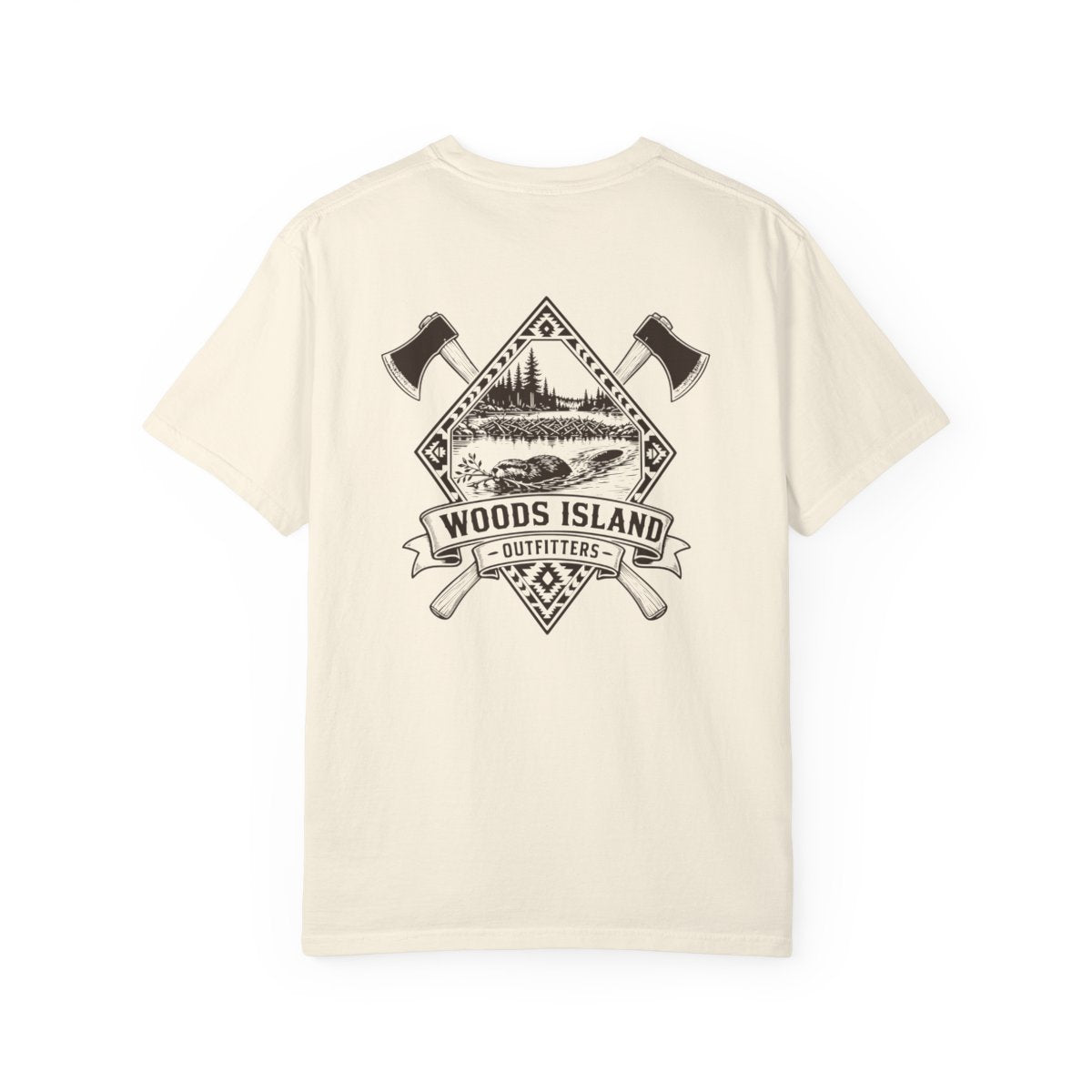 Beaver crest on the back of a Woods Island Outfitters tee