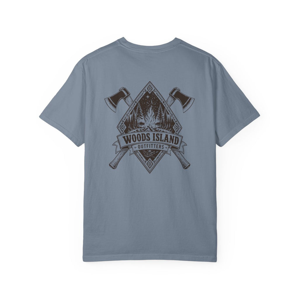Campfire crest on the back of a Blue Jean Woods Island Outfitters tee