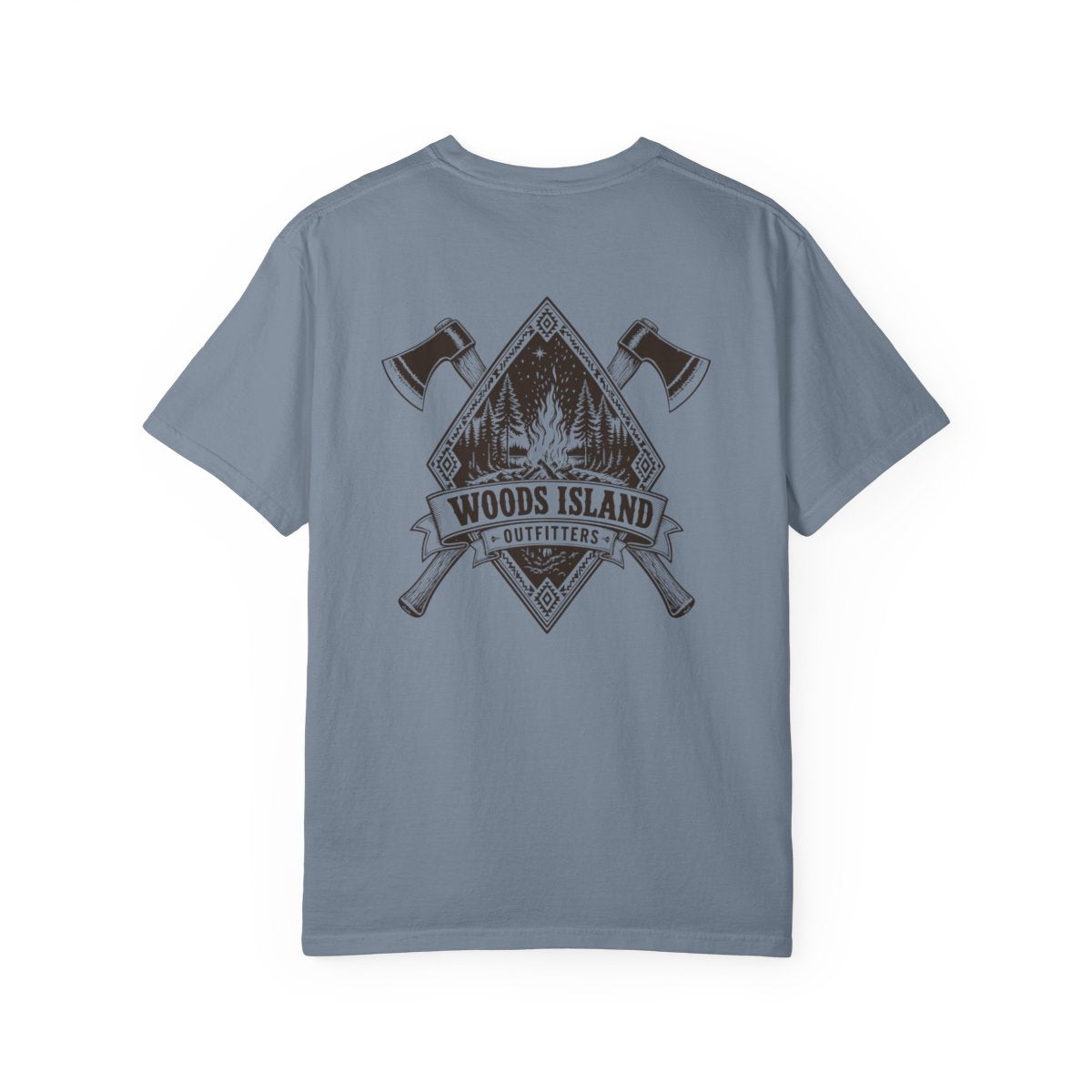 Campfire crest on the back of a Blue Jean Woods Island Outfitters tee