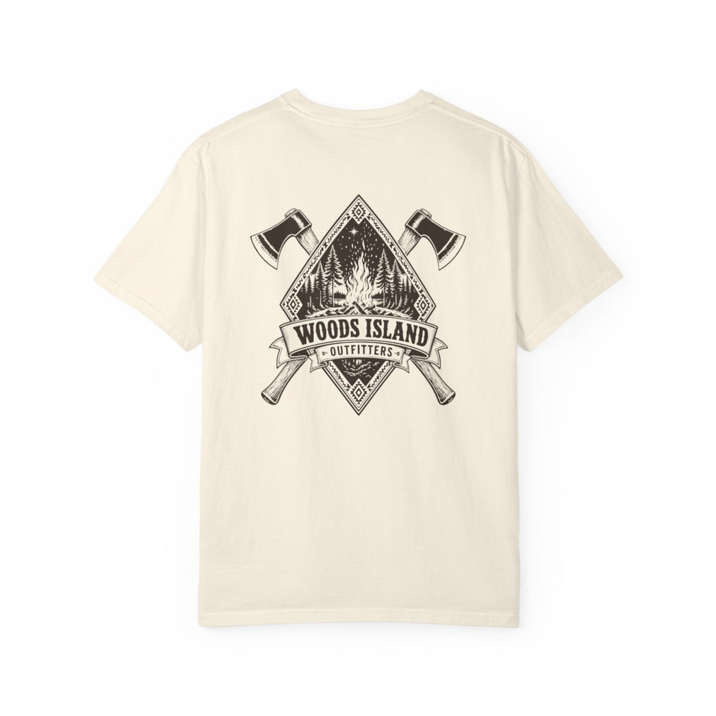 Campfire crest on the back of a Woods Island Outfitters tee