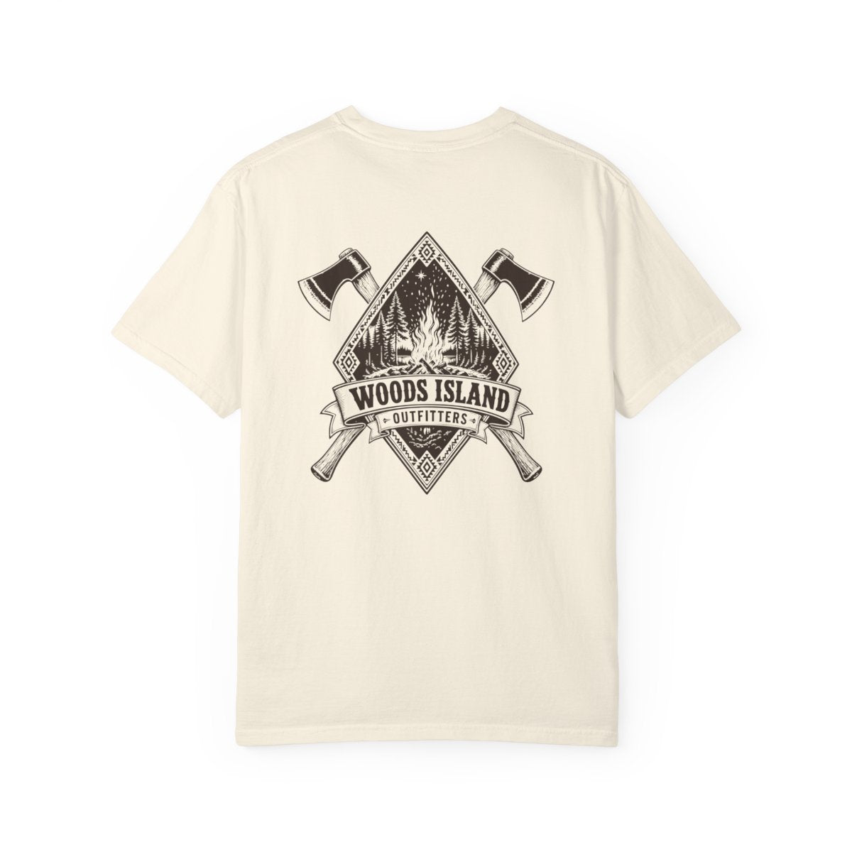 Campfire crest on the back of a Woods Island Outfitters tee
