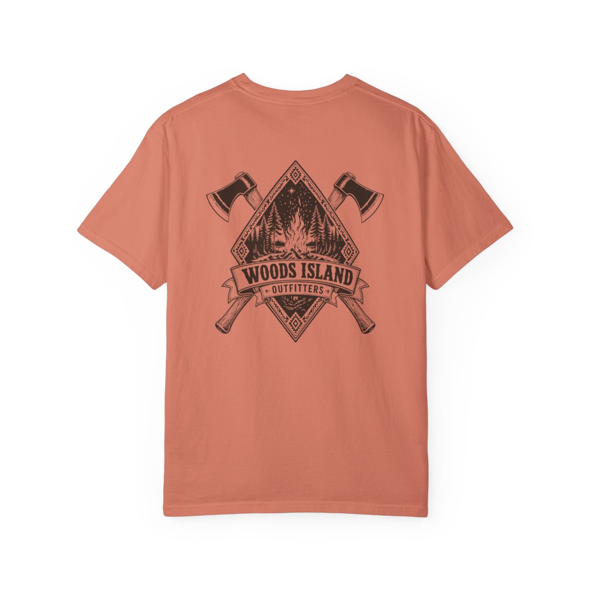Campfire crest on the back of a Terracotta Woods Island Outfitters tee