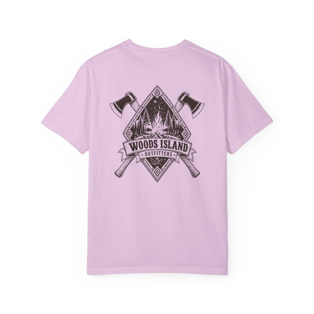Campfire crest on the back of a Orchid Woods Island Outfitters tee