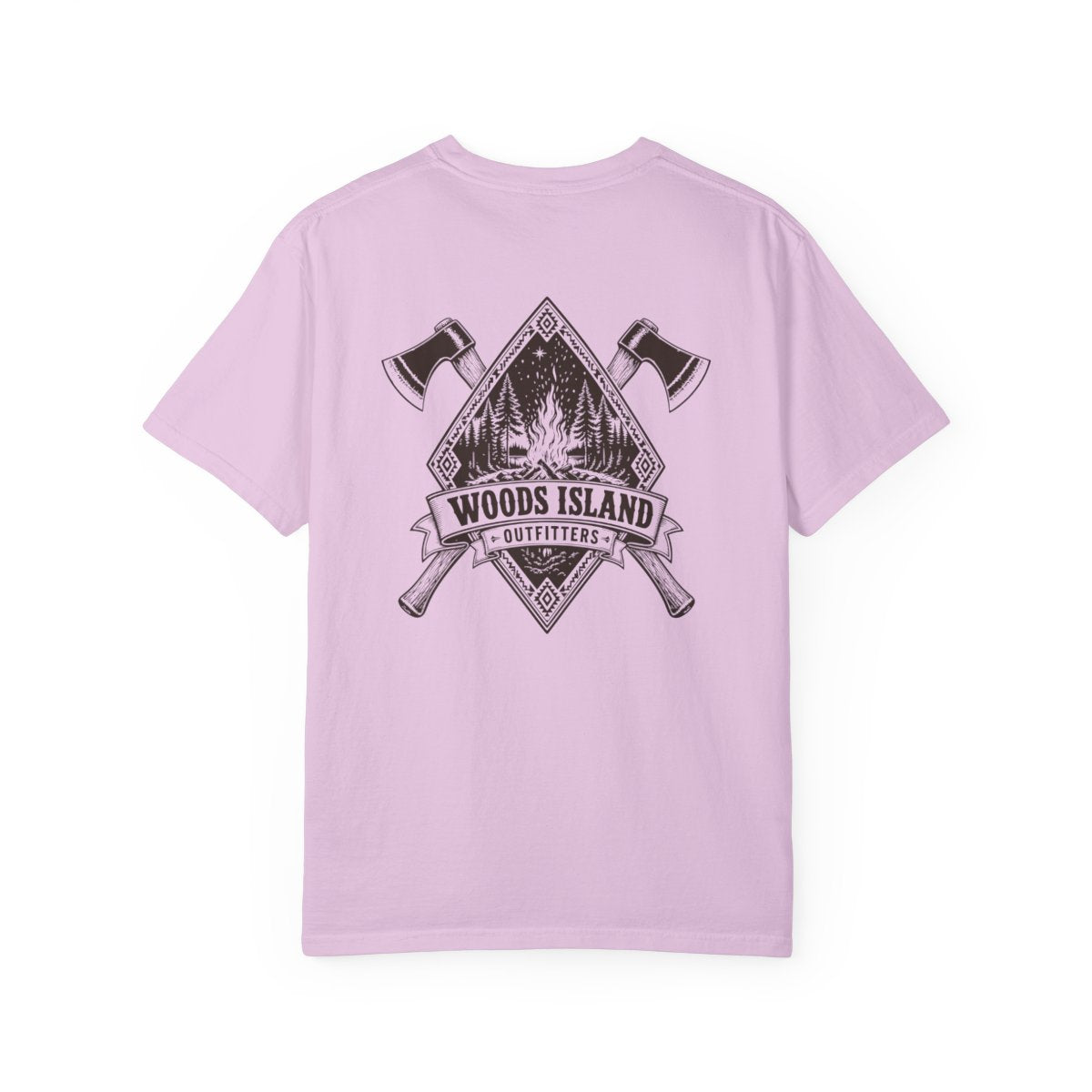 Campfire crest on the back of a Orchid Woods Island Outfitters tee