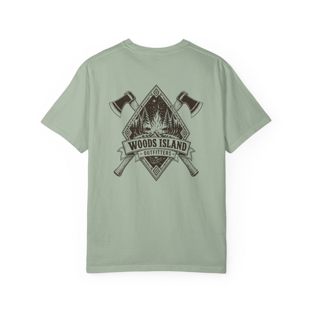 Campfire crest on the back of a Bay Woods Island Outfitters tee