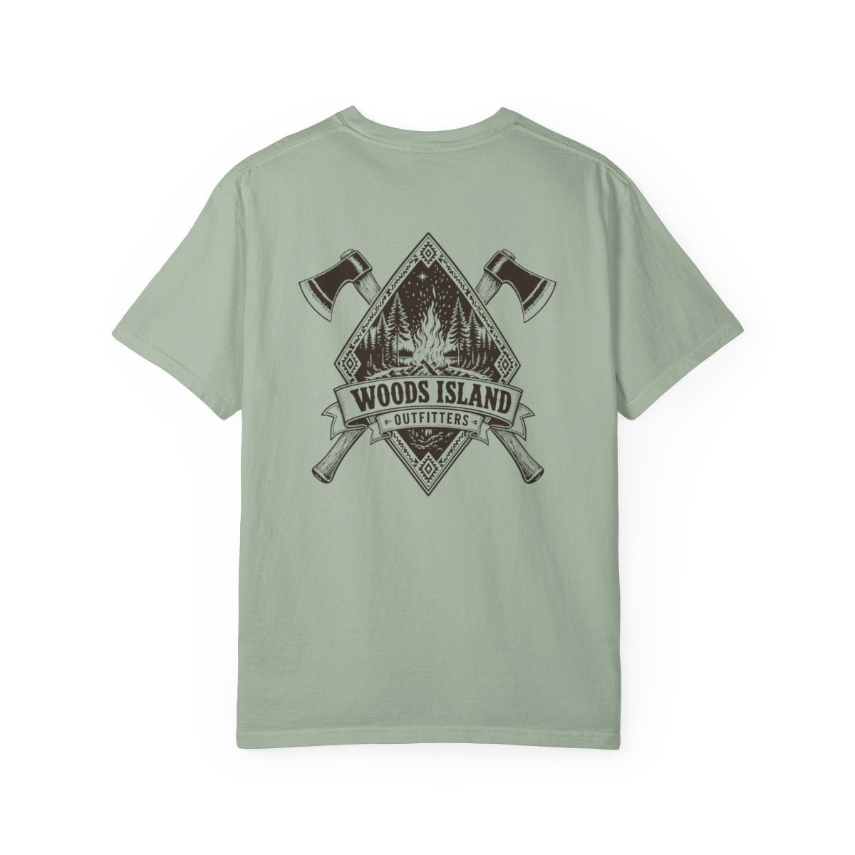 Campfire crest on the back of a Bay Woods Island Outfitters tee