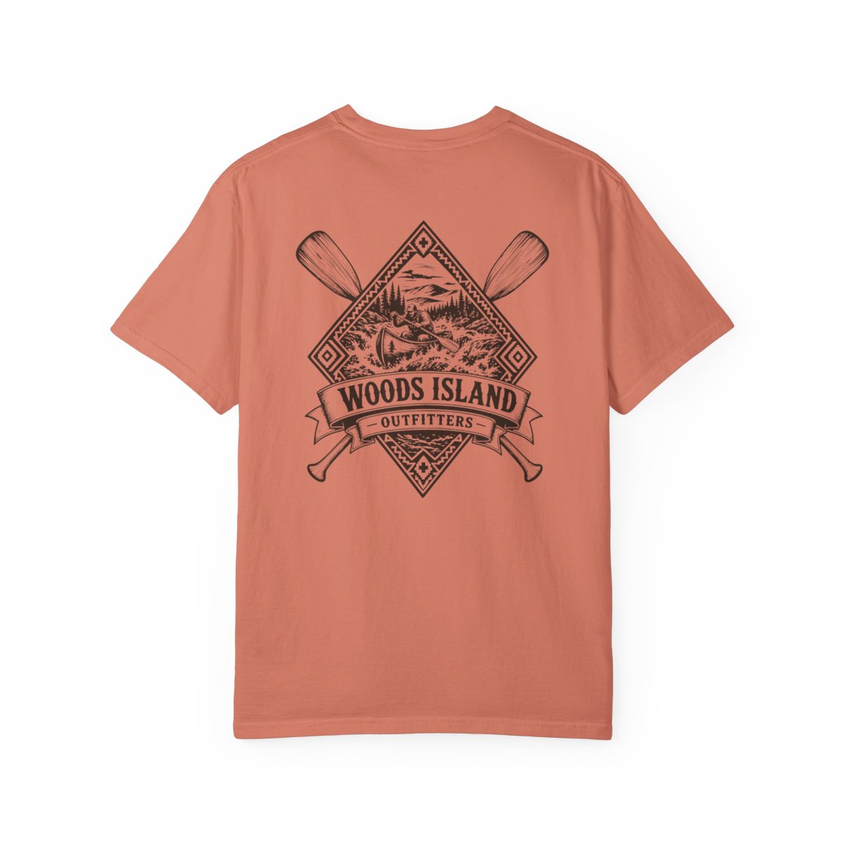 Canoe crest on the back of a Terracotta Woods Island Outfitters tee