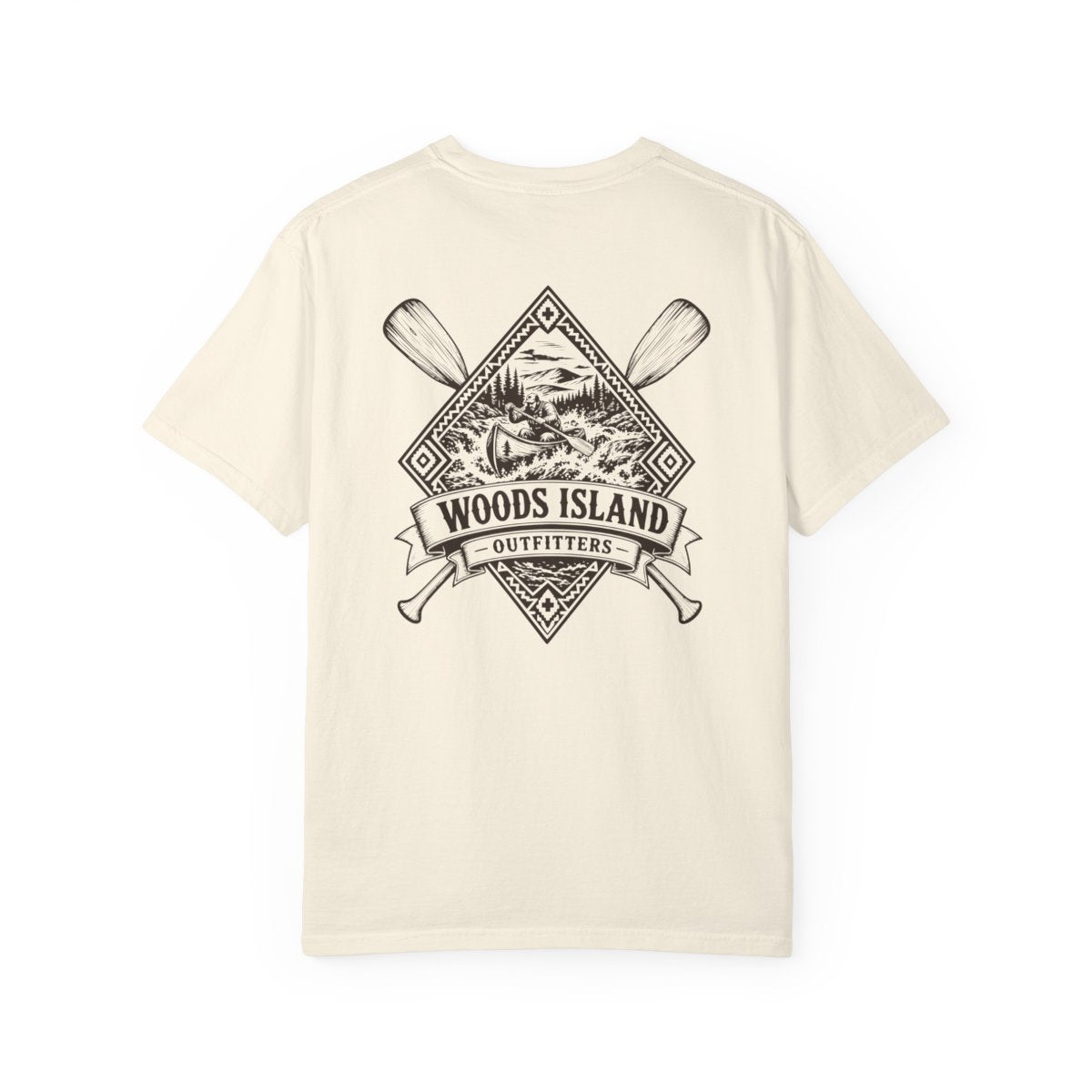 Canoe crest on the back of a Woods Island Outfitters tee