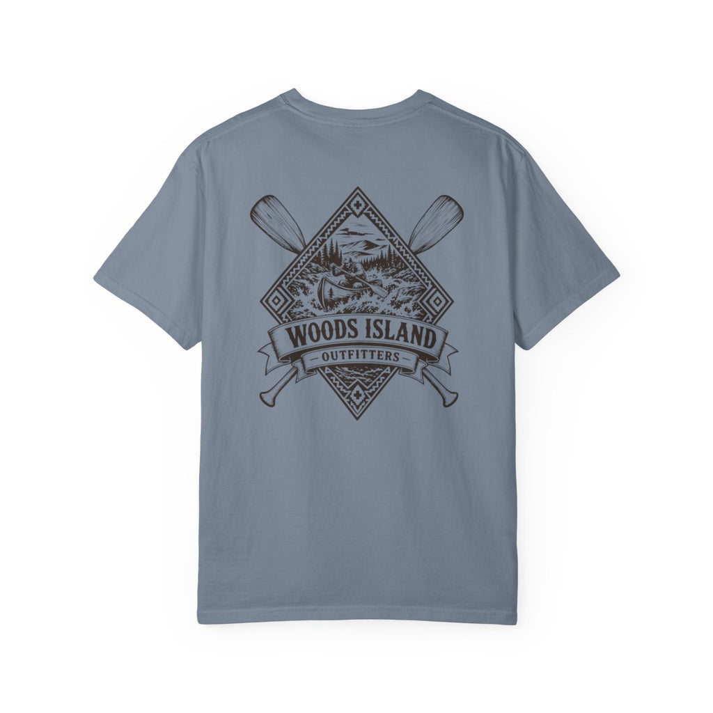Canoe crest on the back of a Blue Jean Woods Island Outfitters tee