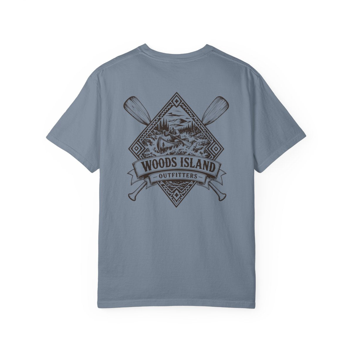 Canoe crest on the back of a Blue Jean Woods Island Outfitters tee