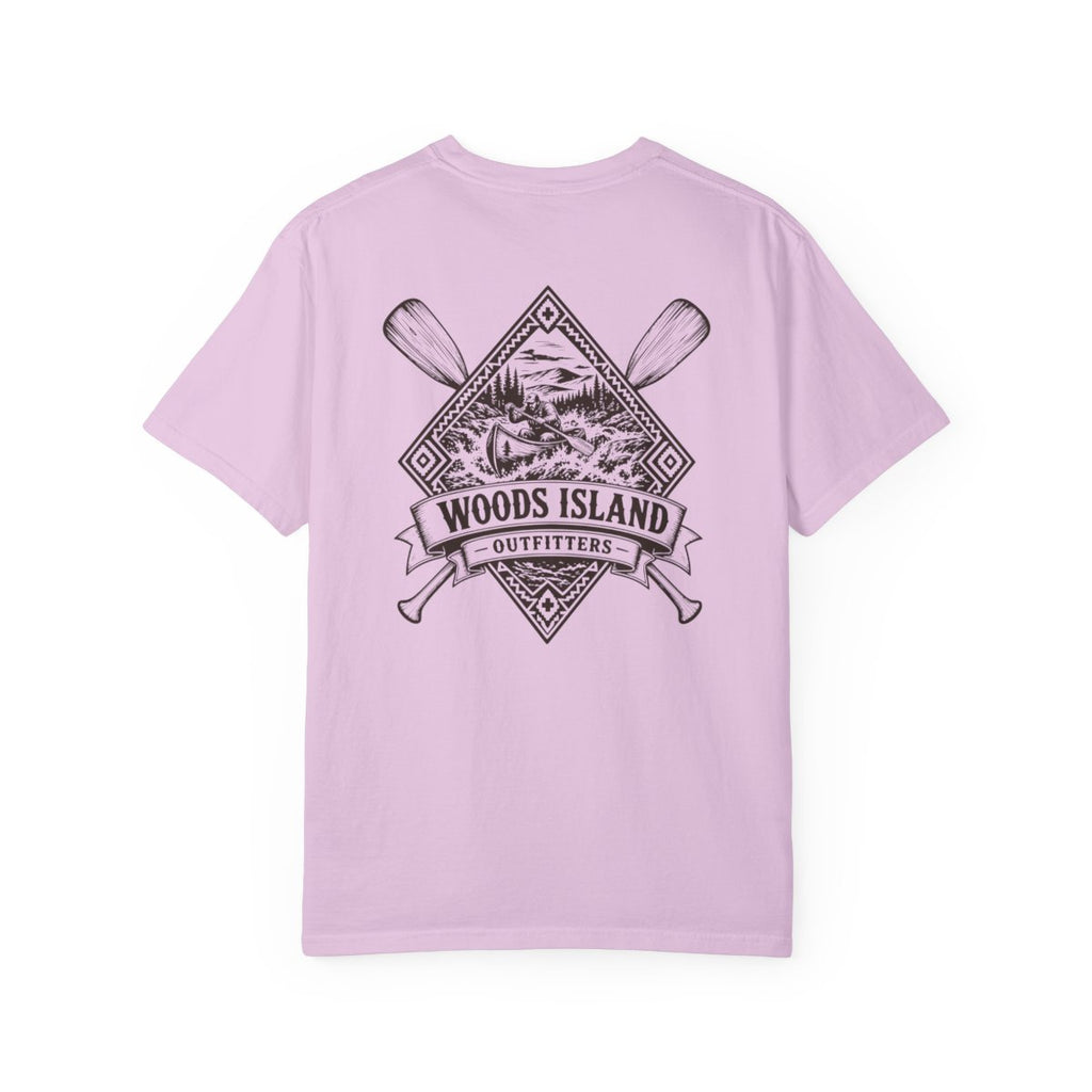 Canoe crest on the back of a Orchid Woods Island Outfitters tee