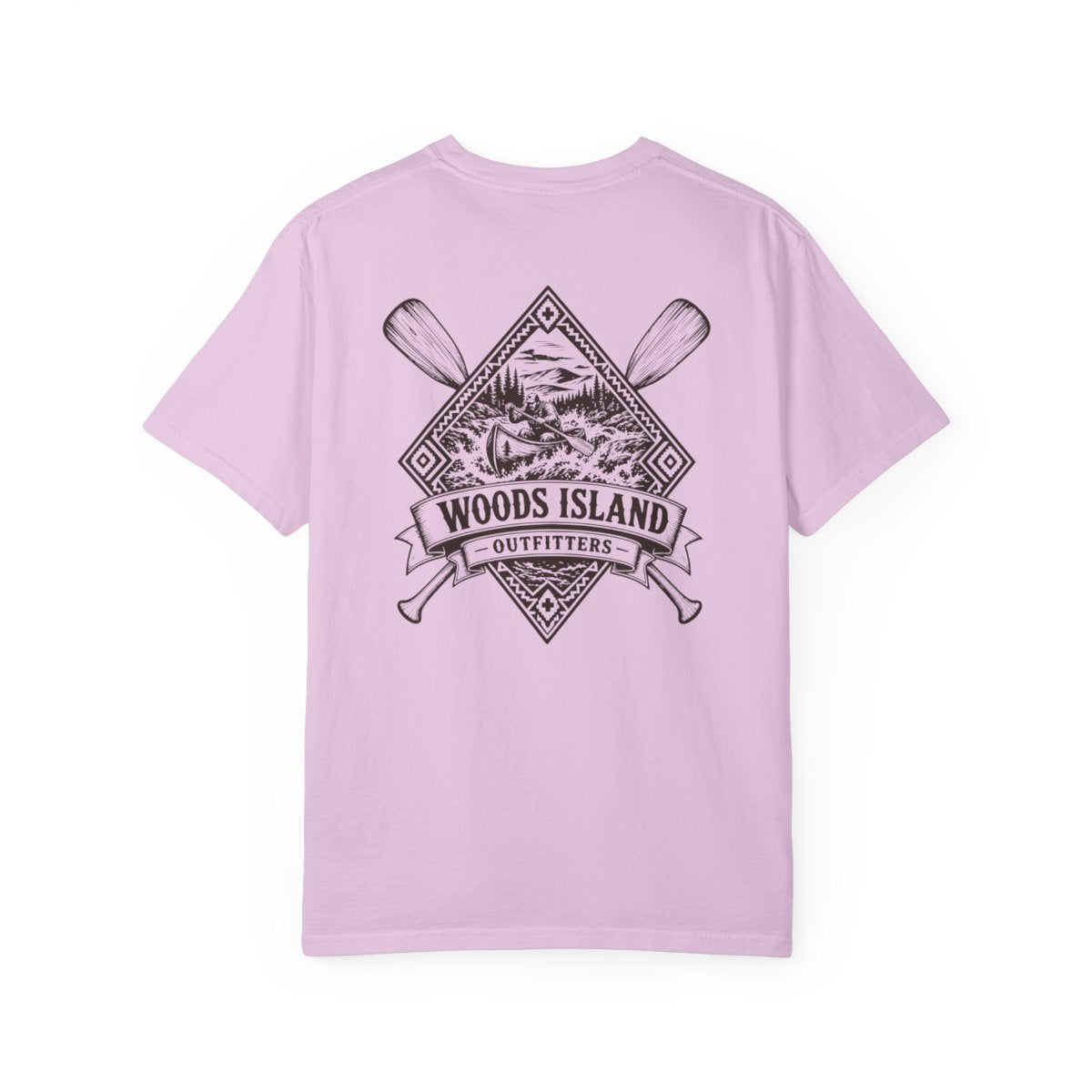 Canoe crest on the back of a Orchid Woods Island Outfitters tee