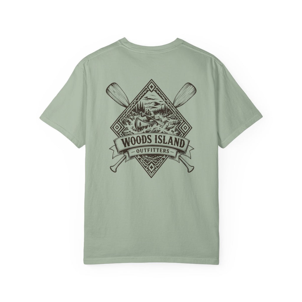 Canoe crest on the back of a Bay Woods Island Outfitters tee