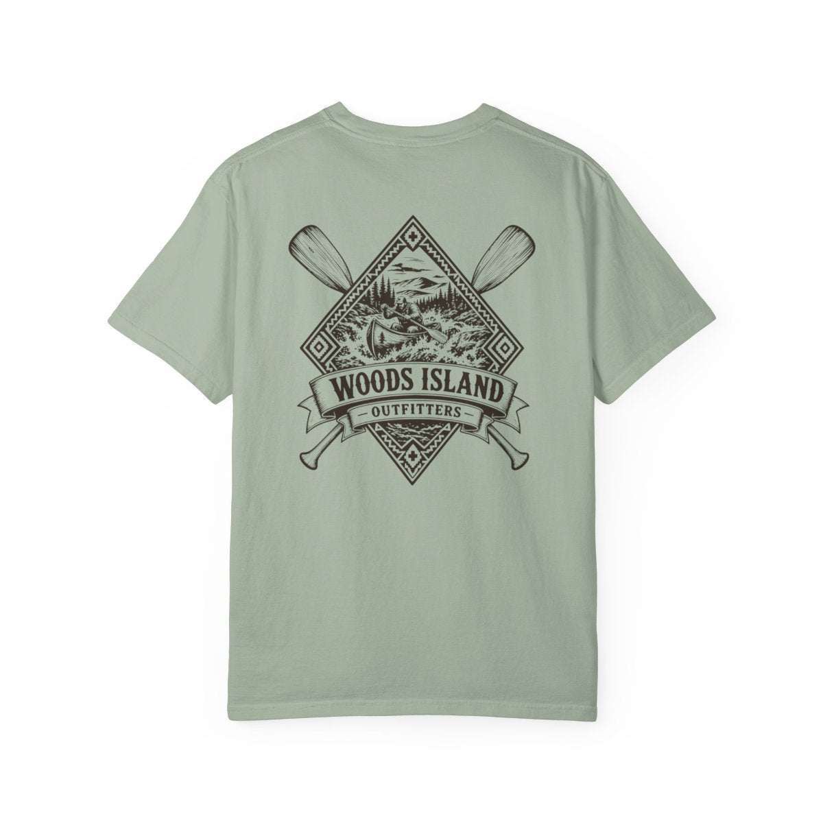Canoe crest on the back of a Bay Woods Island Outfitters tee