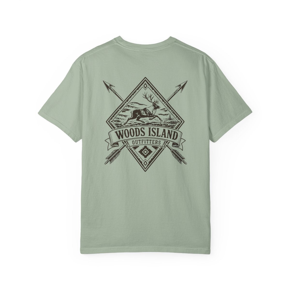Caribou crest on the back of a Bay Woods Island Outfitters tee