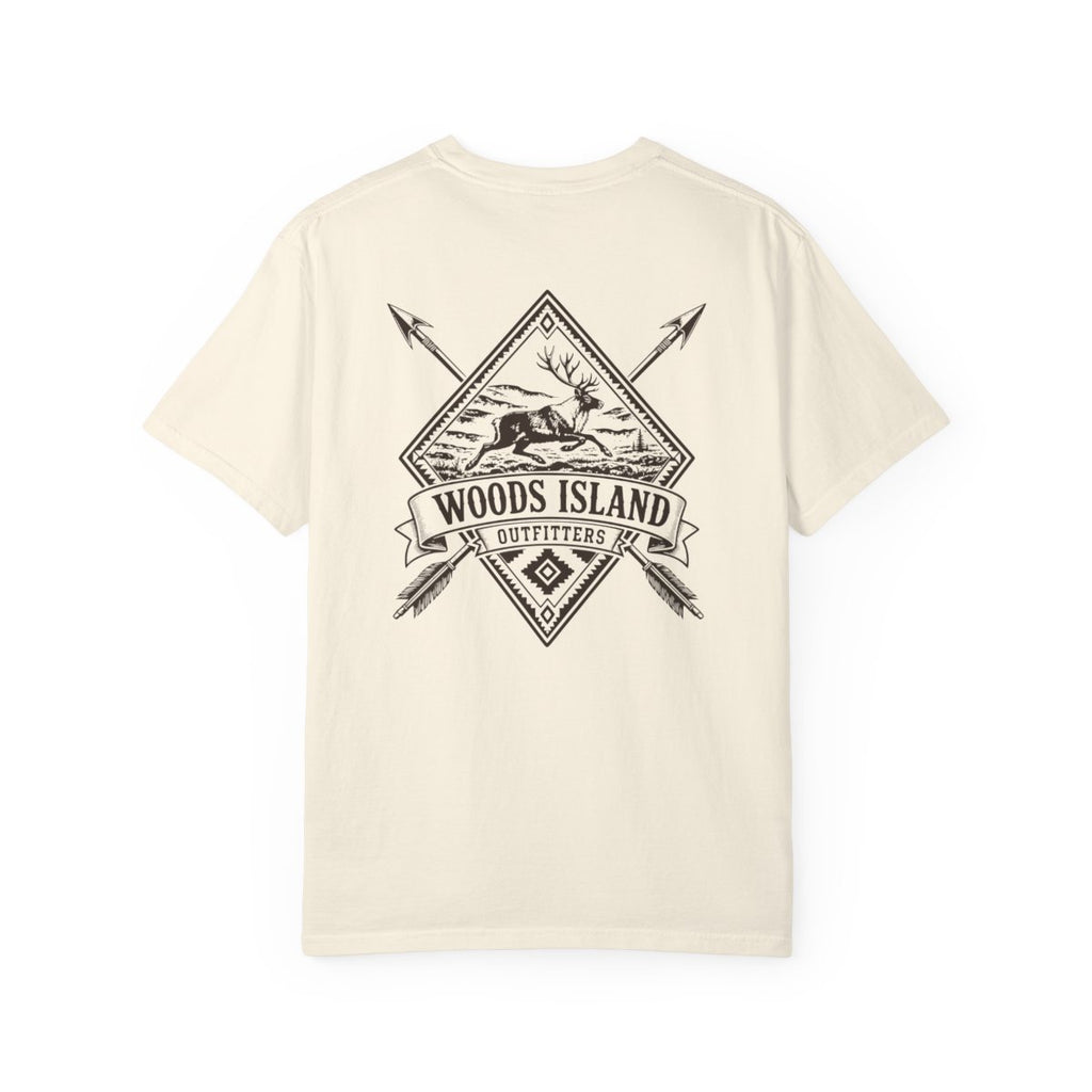 Caribou crest on the back of a Woods Island Outfitters tee