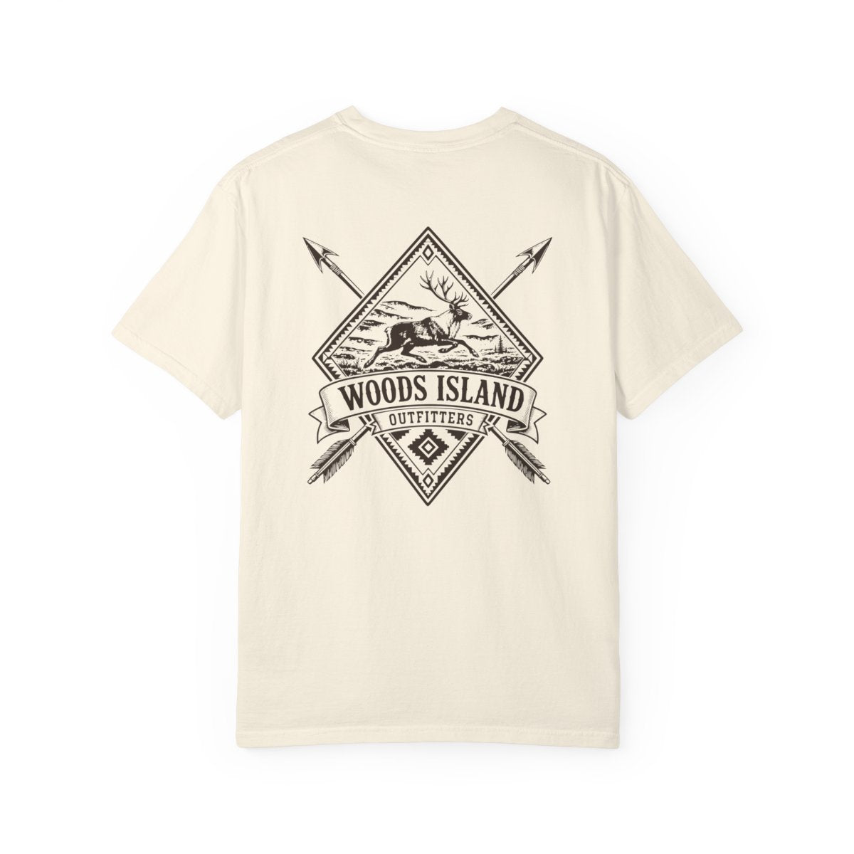 Caribou crest on the back of a Woods Island Outfitters tee