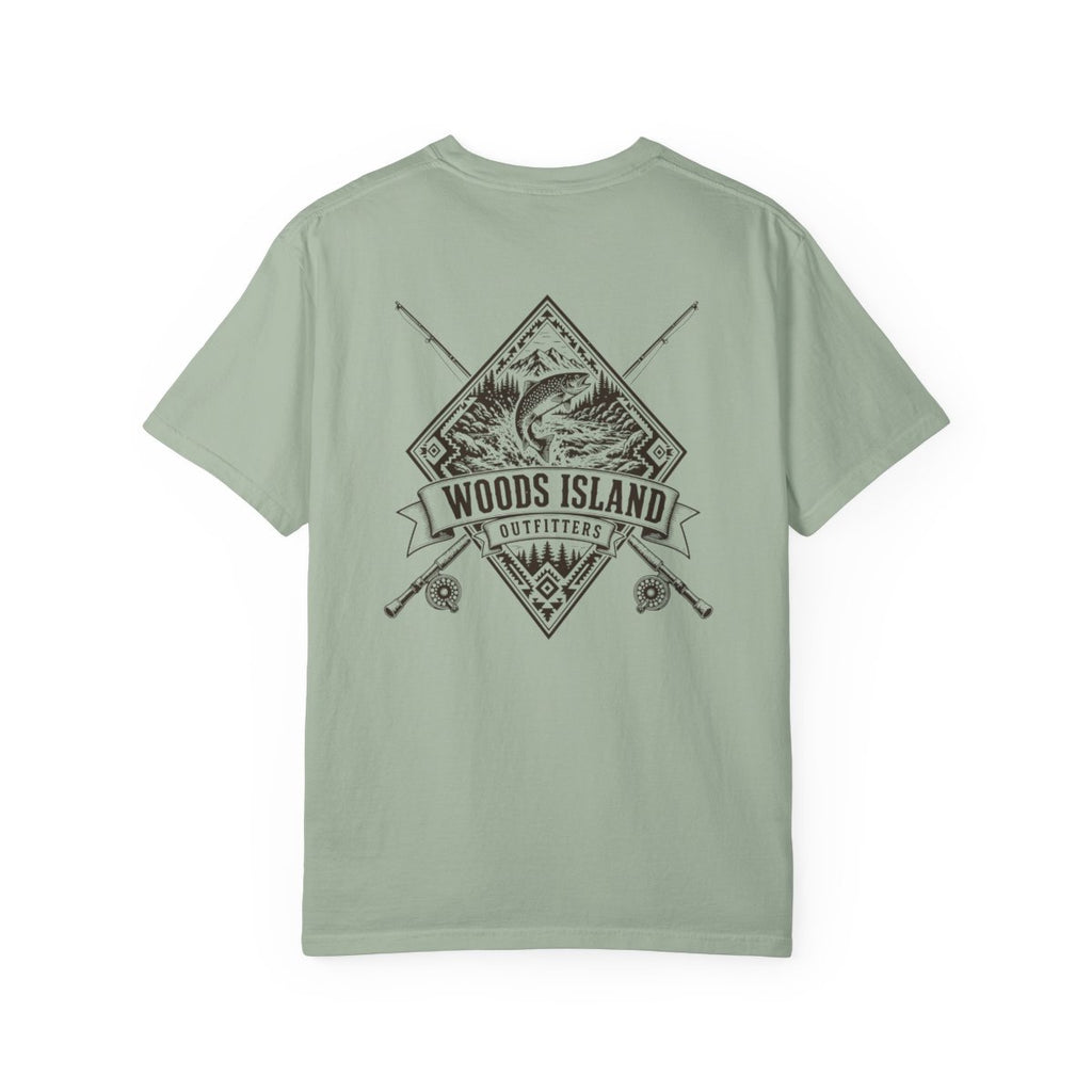 Char crest on the back of a Bay Woods Island Outfitters tee