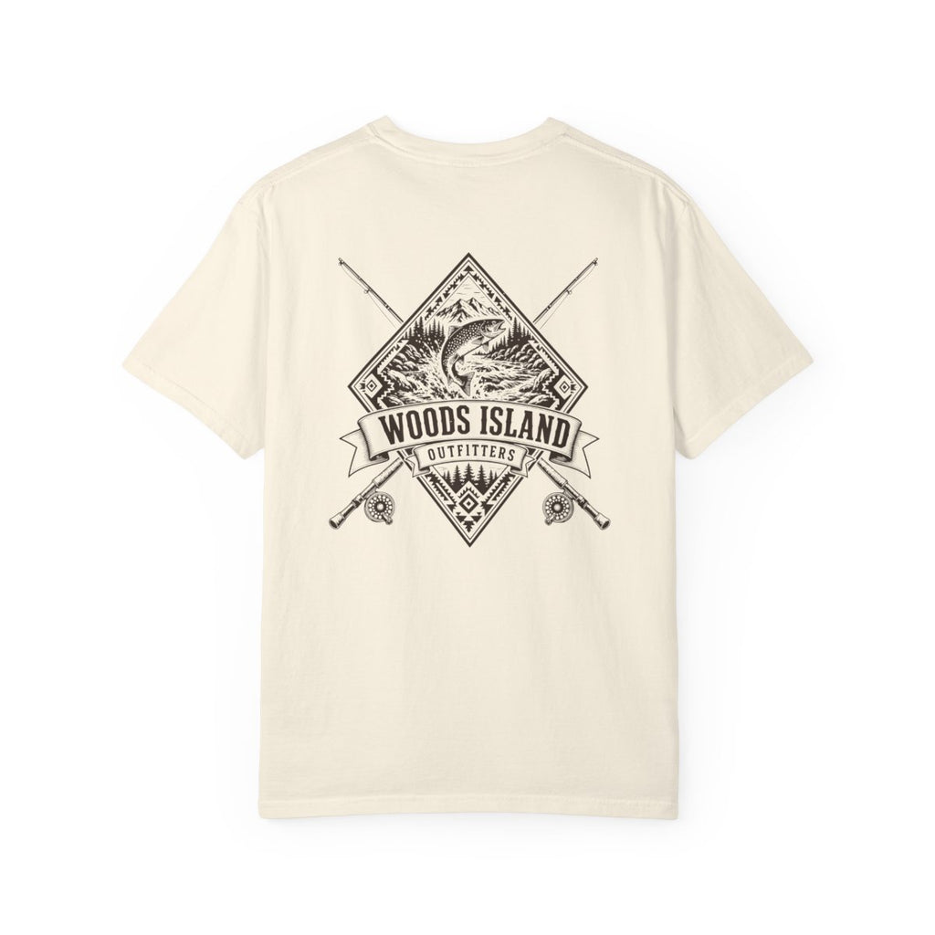 Char crest on the back of a Woods Island Outfitters tee