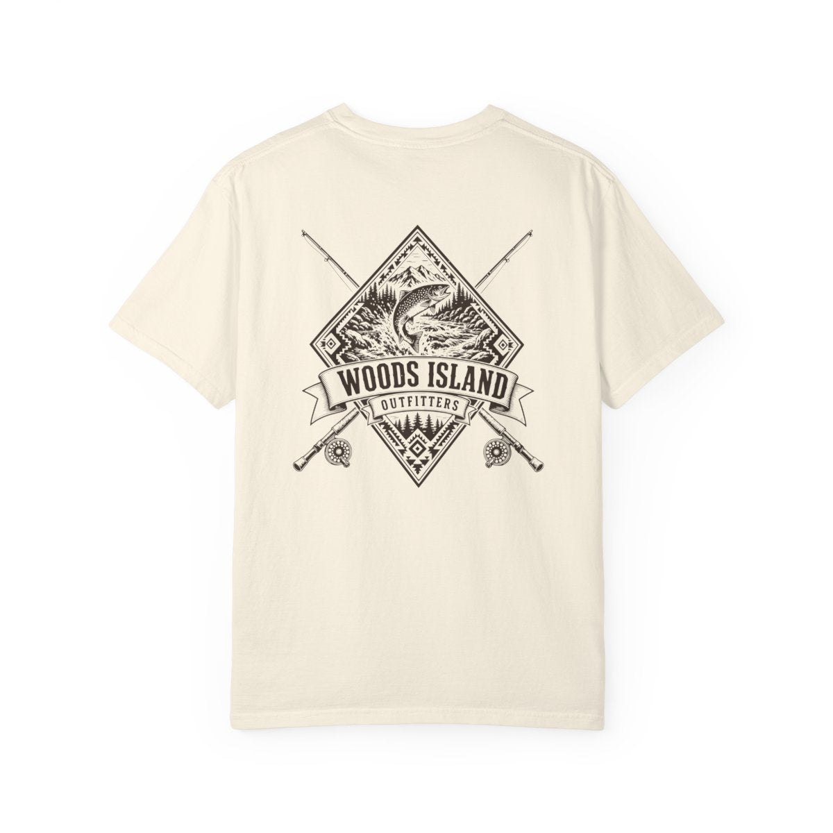 Char crest on the back of a Woods Island Outfitters tee