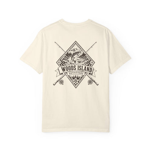 Char crest on the back of a Woods Island Outfitters tee