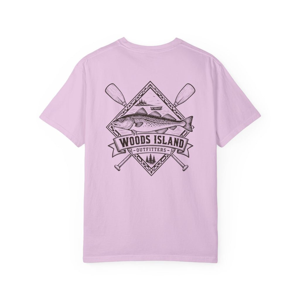 Cod crest on the back of a Orchid Woods Island Outfitters tee
