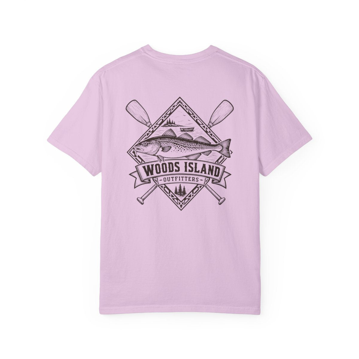 Cod crest on the back of a Orchid Woods Island Outfitters tee