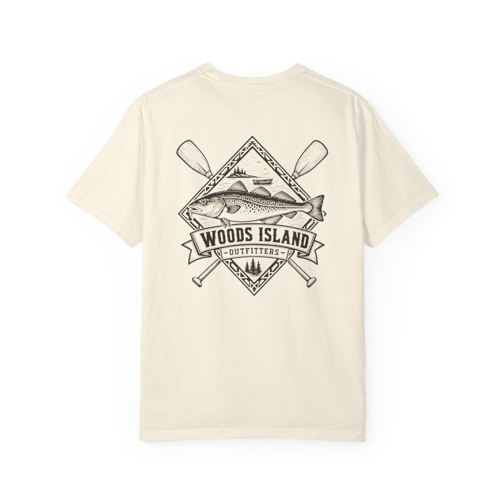 Cod crest on the back of a Woods Island Outfitters tee