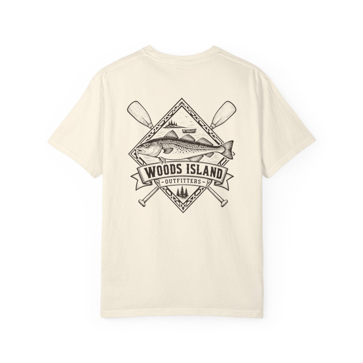 Cod crest on the back of a Woods Island Outfitters tee