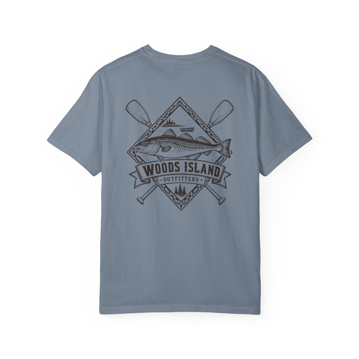 Cod crest on the back of a Blue Jean Woods Island Outfitters tee