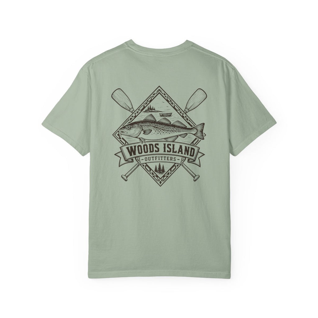 Cod crest on the back of a Bay Woods Island Outfitters tee