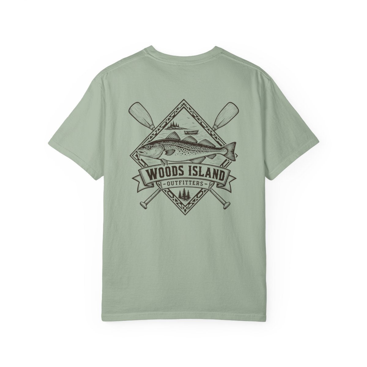 Cod crest on the back of a Bay Woods Island Outfitters tee