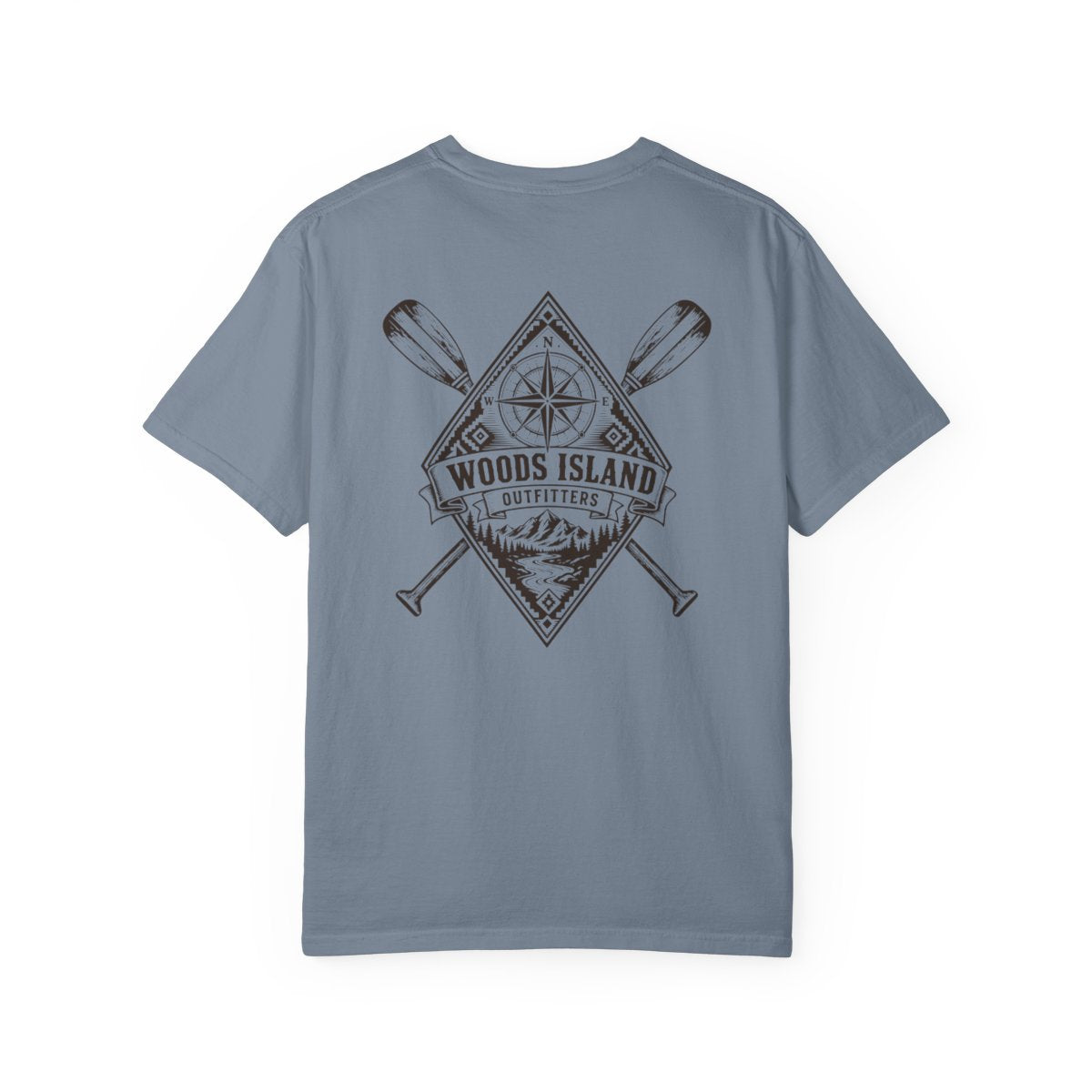 Compass crest on the back of a Blue Jean Woods Island Outfitters tee